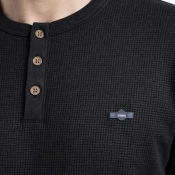 Erkek Waffle Dokulu Likralı Henley Yaka Düğmeli Regular Kısa Kol T-Shirt - Siyah