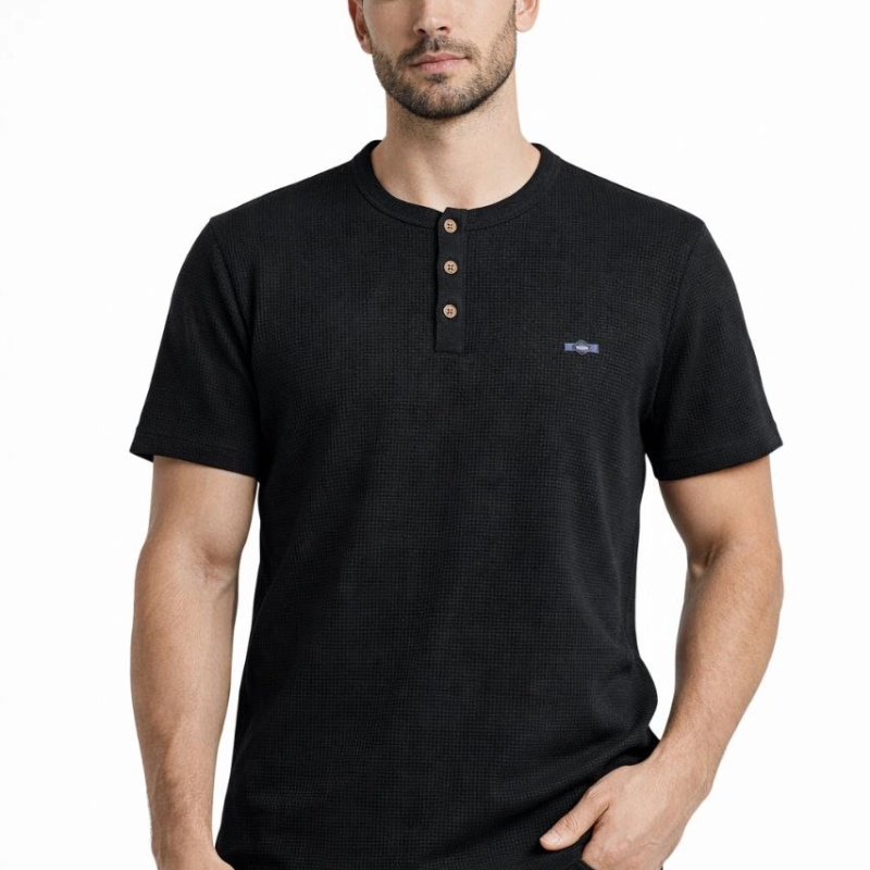 Erkek Waffle Dokulu Likralı Henley Yaka Düğmeli Regular Kısa Kol T-Shirt - Siyah