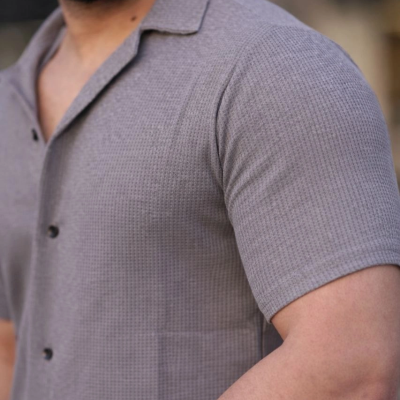 Erkek Waffle Dokuma Kumaş Açık Yakalı Düğmeli Gömlek 2’li Set Beyaz-Gri