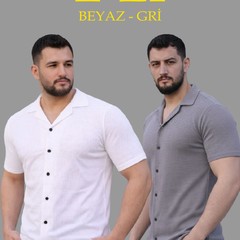Erkek Waffle Dokuma Kumaş Açık Yakalı Düğmeli Gömlek 2’li Set Beyaz-Gri