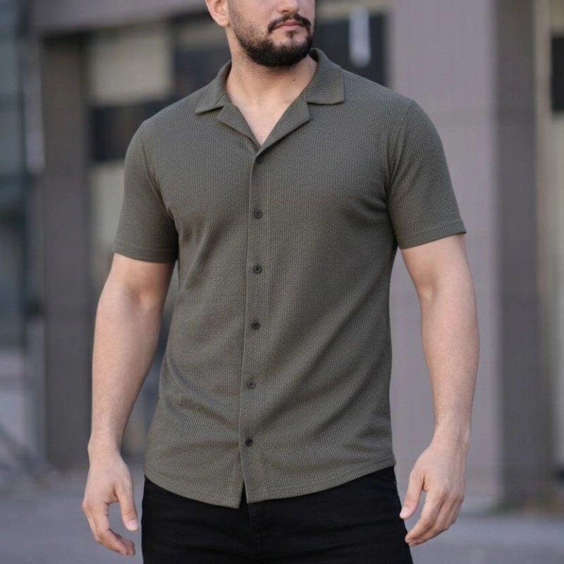 Erkek Waffle Dokuma Kumaş Açık Yakalı Düğmeli Gömlek 2’li Set Haki-Bej