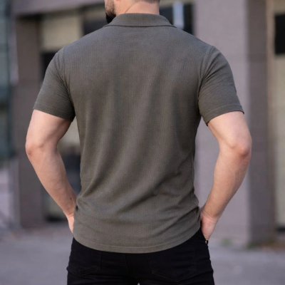 Erkek Waffle Dokuma Kumaş Açık Yakalı Düğmeli Gömlek 2’li Set Haki-Bej