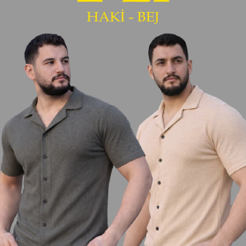 Erkek Waffle Dokuma Kumaş Açık Yakalı Düğmeli Gömlek 2’li Set Haki-Bej