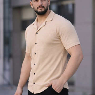 Erkek Waffle Dokuma Kumaş Açık Yakalı Düğmeli Gömlek 2’li Set Haki-Bej