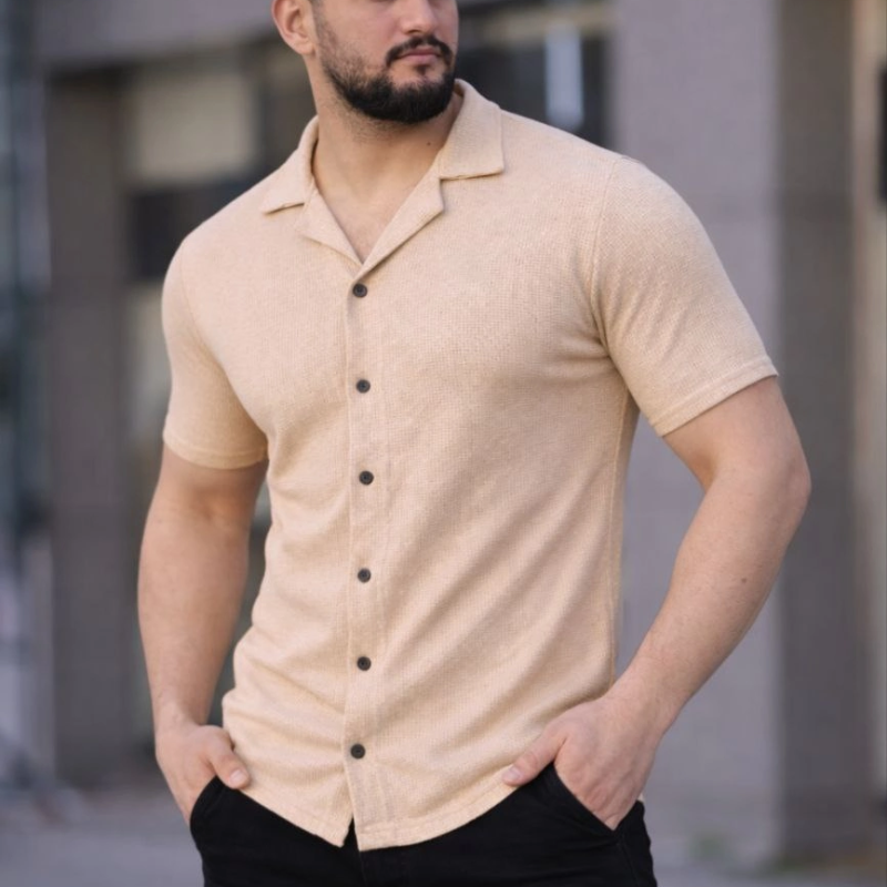 Erkek Waffle Dokuma Kumaş Açık Yakalı Düğmeli Gömlek 2’li Set Haki-Bej