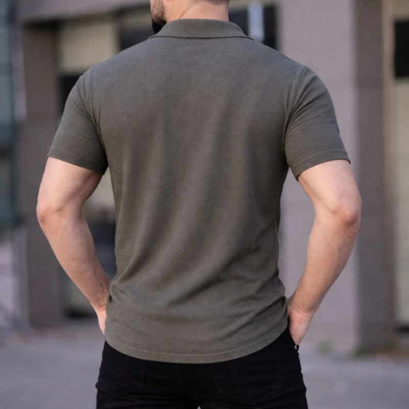 Erkek Waffle Dokuma Kumaş Açık Yakalı Düğmeli Gömlek 2’li Set Haki-Bej