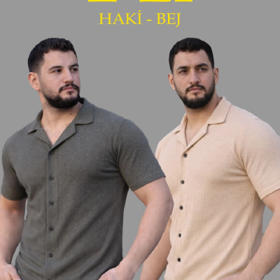 Erkek Waffle Dokuma Kumaş Açık Yakalı Düğmeli Gömlek 2’li Set Haki-Bej