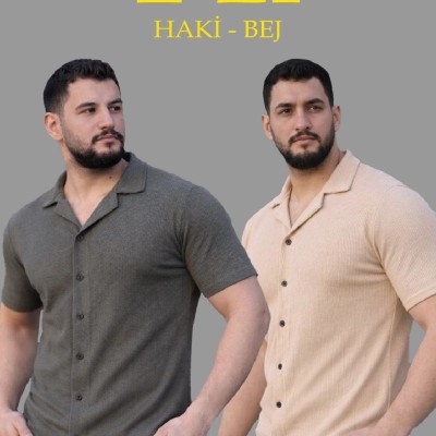 Erkek Waffle Dokuma Kumaş Açık Yakalı Düğmeli Gömlek 2’li Set Haki-Bej