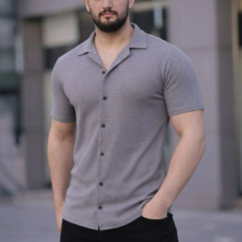 Erkek Waffle Kumaş Açık Yakalı Düğmeli Regular Fit Gömlek 2’li Set Lacivert-Gri