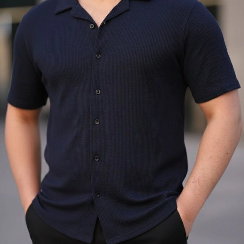 Erkek Waffle Kumaş Açık Yakalı Düğmeli Regular Fit Gömlek 2’li Set Lacivert-Gri