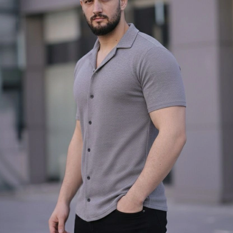 Erkek Waffle Kumaş Açık Yakalı Düğmeli Regular Fit Gömlek 2’li Set Lacivert-Gri