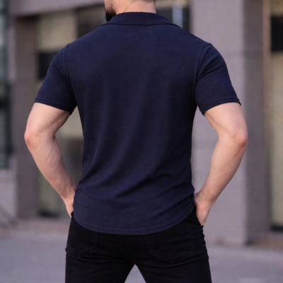 Erkek Waffle Kumaş Açık Yakalı Düğmeli Regular Fit Gömlek 2’li Set Lacivert-Gri