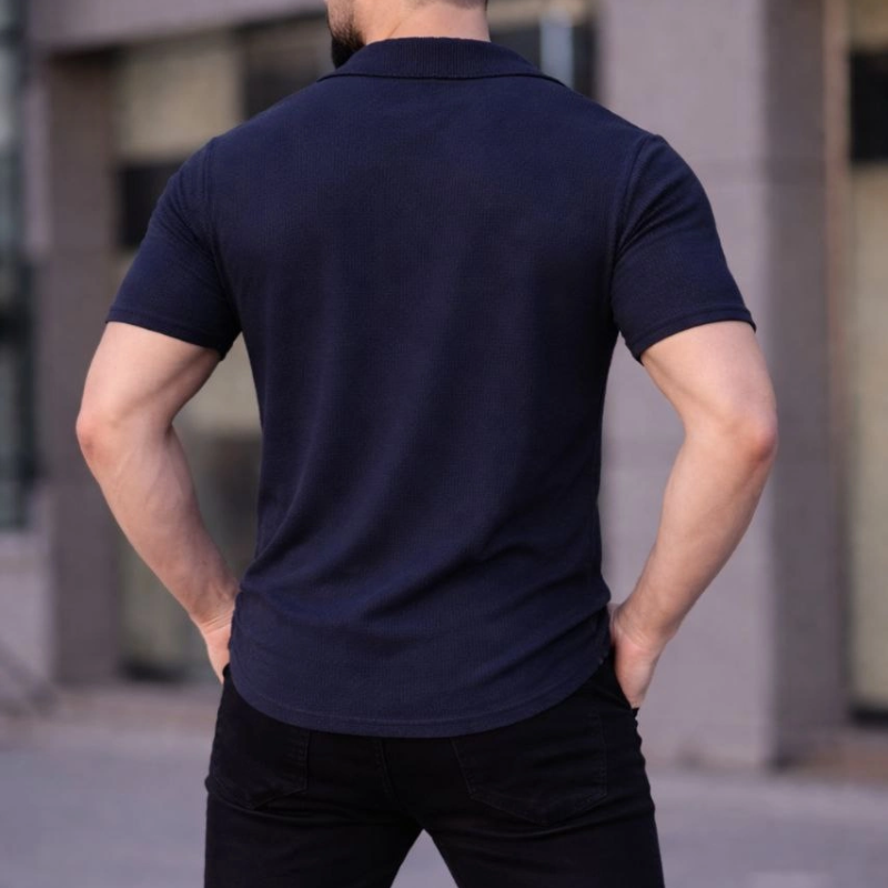 Erkek Waffle Kumaş Açık Yakalı Düğmeli Regular Fit Gömlek 2’li Set Lacivert-Gri