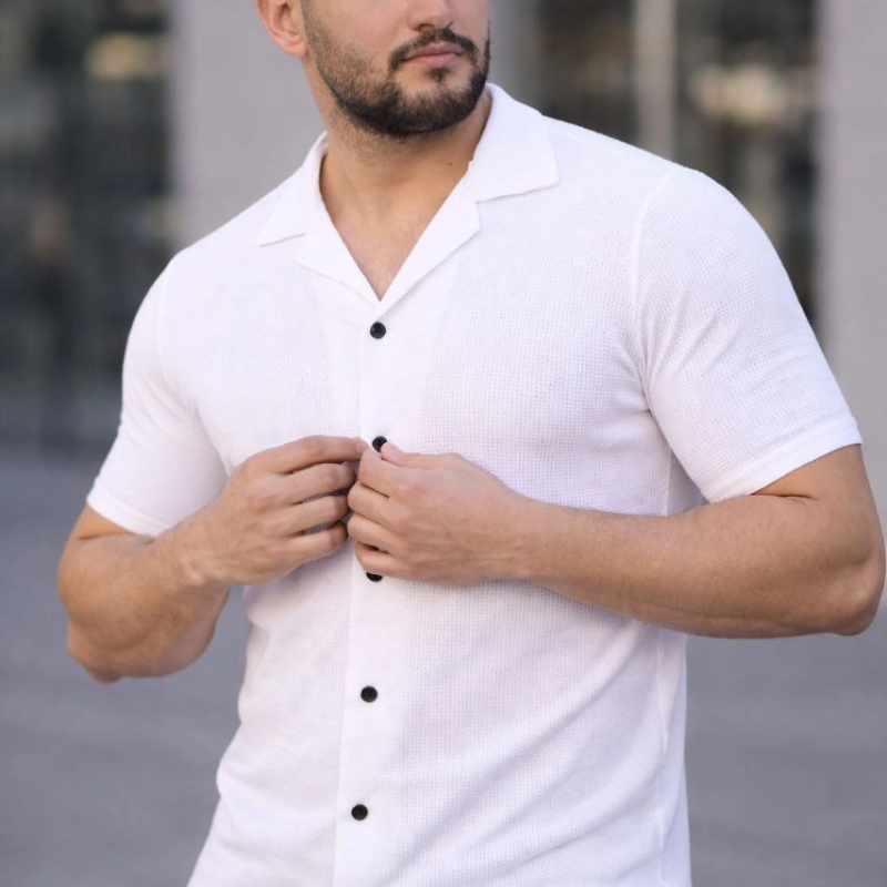 Erkek Waffle Kumaş Açık Yakalı Düğmeli Regular Fit Gömlek 2’li Set Siyah-Beyaz