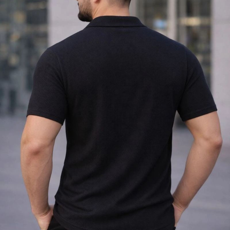 Erkek Waffle Kumaş Açık Yakalı Düğmeli Regular Fit Gömlek 2’li Set Siyah-Beyaz