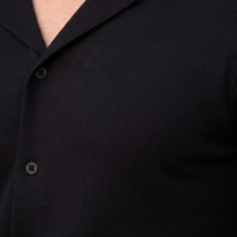 Erkek Waffle Kumaş Açık Yakalı Düğmeli Regular Fit Gömlek 2’li Set Siyah-Saks Mavisi