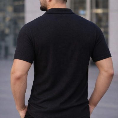 Erkek Waffle Kumaş Açık Yakalı Düğmeli Regular Fit Gömlek 2’li Set Siyah-Saks Mavisi