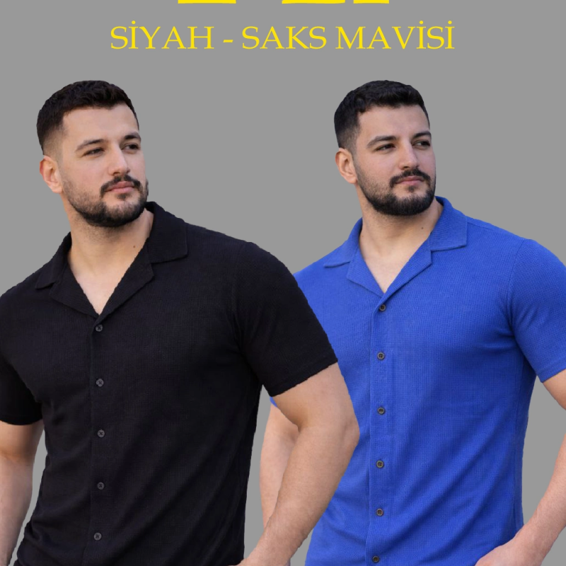Erkek Waffle Kumaş Açık Yakalı Düğmeli Regular Fit Gömlek 2’li Set Siyah-Saks Mavisi