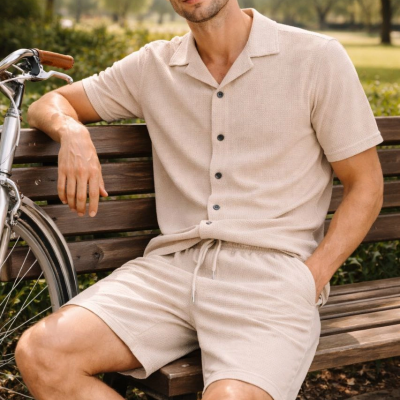 Erkek Waffle Kumaş Kısa Kol Gömlek Şort Takım Regular Yazlık İkili Set - Bej