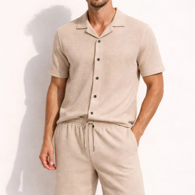 Erkek Waffle Kumaş Kısa Kol Gömlek Şort Takım Regular Yazlık İkili Set - Bej