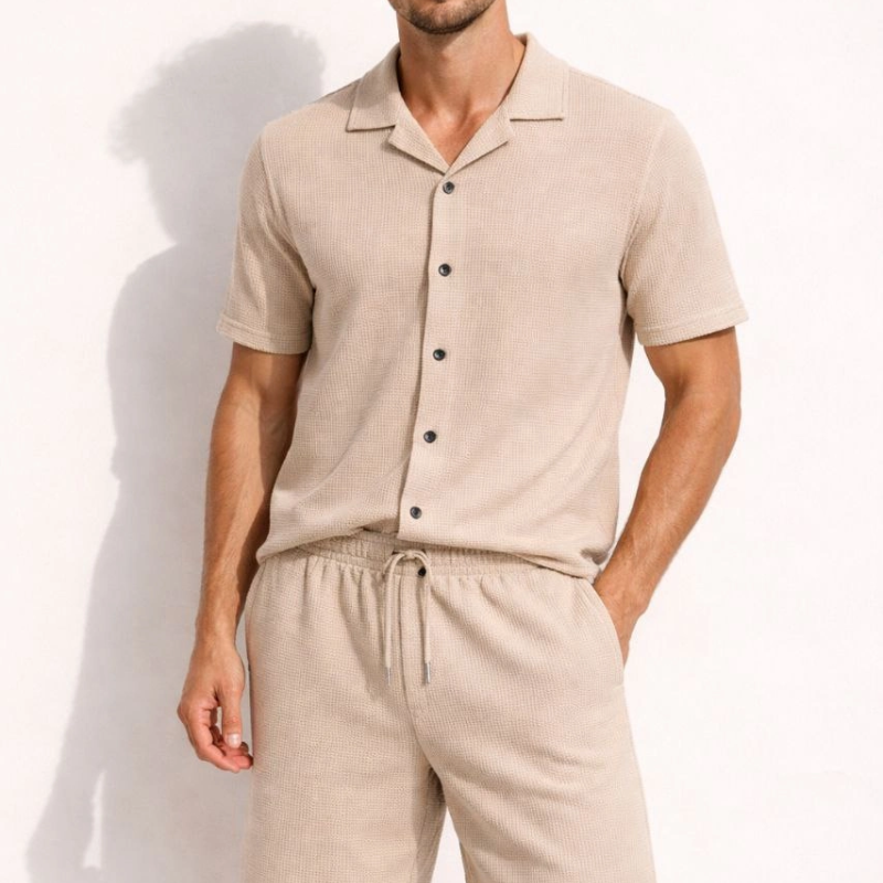 Erkek Waffle Kumaş Kısa Kol Gömlek Şort Takım Regular Yazlık İkili Set - Bej