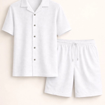 Erkek Waffle Kumaş Kısa Kol Gömlek Şort Takım Regular Yazlık İkili Set - Beyaz