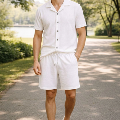 Erkek Waffle Kumaş Kısa Kol Gömlek Şort Takım Regular Yazlık İkili Set - Beyaz