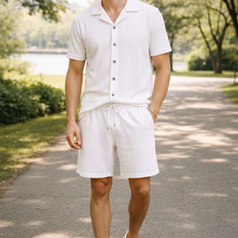 Erkek Waffle Kumaş Kısa Kol Gömlek Şort Takım Regular Yazlık İkili Set - Beyaz