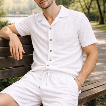 Erkek Waffle Kumaş Kısa Kol Gömlek Şort Takım Regular Yazlık İkili Set - Beyaz