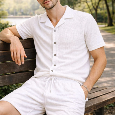 Erkek Waffle Kumaş Kısa Kol Gömlek Şort Takım Regular Yazlık İkili Set - Beyaz