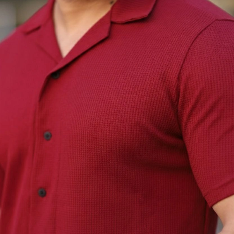 Erkek Waffle Kumaş Kısa Kol Gömlek Şort Takım Regular Yazlık İkili Set - Bordo