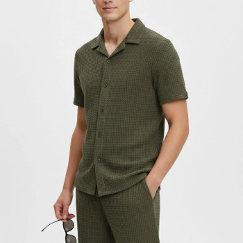 Erkek Waffle Kumaş Kısa Kol Gömlek Şort Takım Regular Yazlık İkili Set - Haki