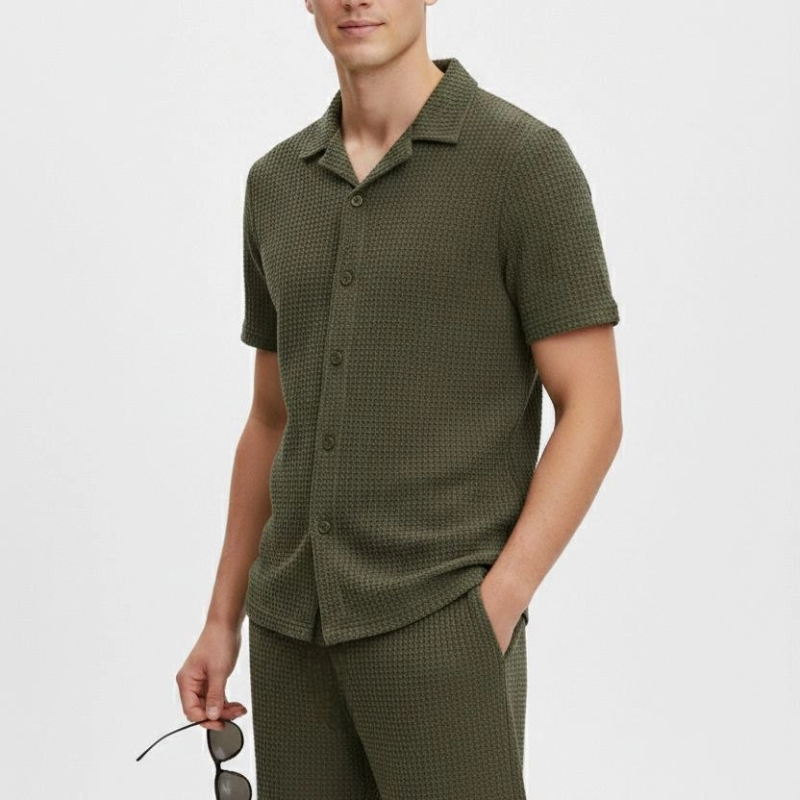 Erkek Waffle Kumaş Kısa Kol Gömlek Şort Takım Regular Yazlık İkili Set - Haki
