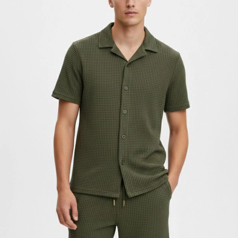 Erkek Waffle Kumaş Kısa Kol Gömlek Şort Takım Regular Yazlık İkili Set - Haki
