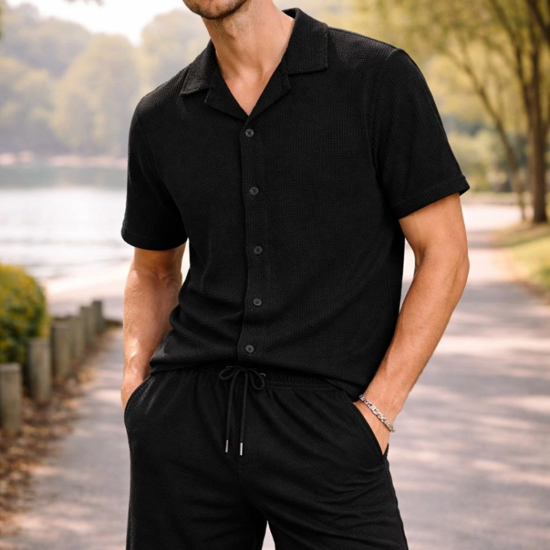 Erkek Waffle Kumaş Kısa Kol Gömlek Şort Takım Regular Yazlık İkili Set - Siyah