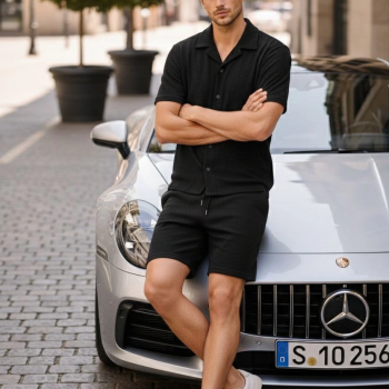 Erkek Waffle Kumaş Kısa Kol Gömlek Şort Takım Regular Yazlık İkili Set - Siyah