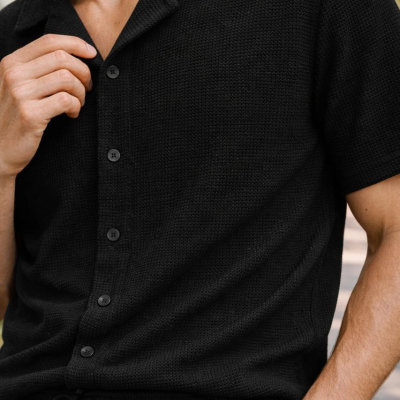 Erkek Waffle Kumaş Kısa Kol Gömlek Şort Takım Regular Yazlık İkili Set - Siyah