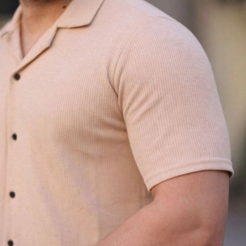 Erkek Waffle Kumaş Kısa Kollu Düğmeli Açık Yaka Regular Fit Gömlek - Bej