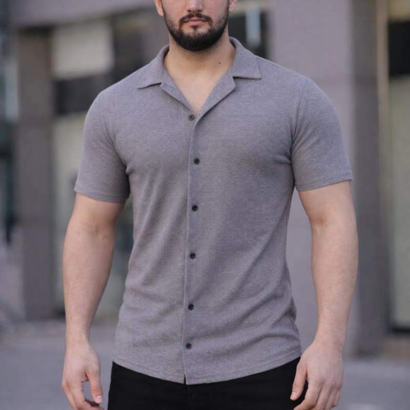 Erkek Waffle Kumaş Kısa Kollu Düğmeli Açık Yaka Regular Fit Gömlek - Gri