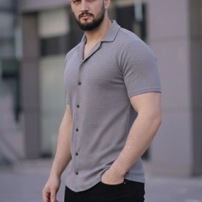 Erkek Waffle Kumaş Kısa Kollu Düğmeli Açık Yaka Regular Fit Gömlek - Gri