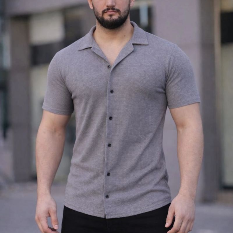 Erkek Waffle Kumaş Kısa Kollu Düğmeli Açık Yaka Regular Fit Gömlek - Gri