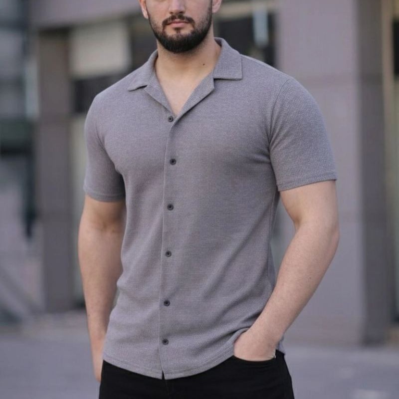Erkek Waffle Kumaş Kısa Kollu Düğmeli Açık Yaka Regular Fit Gömlek - Gri