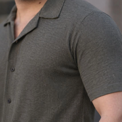 Erkek Waffle Kumaş Kısa Kollu Düğmeli Açık Yaka Regular Fit Gömlek - Haki