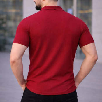 Erkek Waffle Kumaş Kısa Kollu Düğmeli Açık Yaka Regular Fit Gömlek - Kırmızı