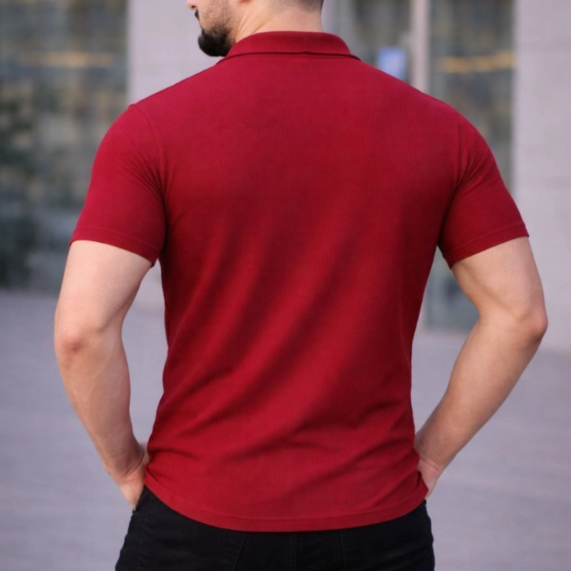 Erkek Waffle Kumaş Kısa Kollu Düğmeli Açık Yaka Regular Fit Gömlek - Kırmızı