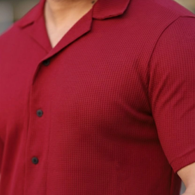 Erkek Waffle Kumaş Kısa Kollu Düğmeli Açık Yaka Regular Fit Gömlek - Kırmızı