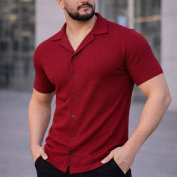 Erkek Waffle Kumaş Kısa Kollu Düğmeli Açık Yaka Regular Fit Gömlek - Kırmızı
