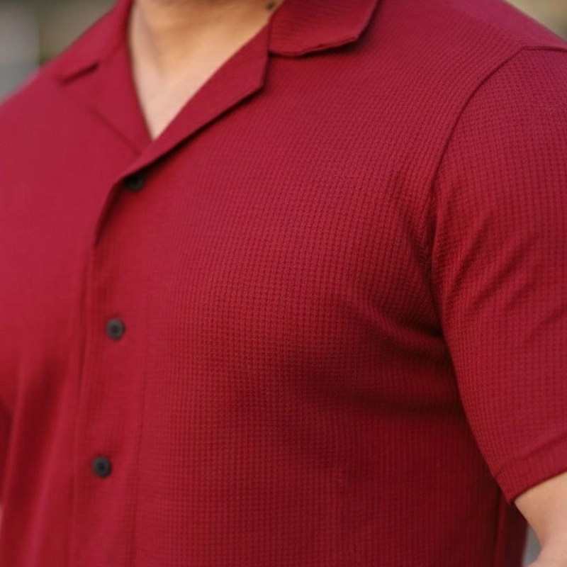Erkek Waffle Kumaş Kısa Kollu Düğmeli Açık Yaka Regular Fit Gömlek - Kırmızı