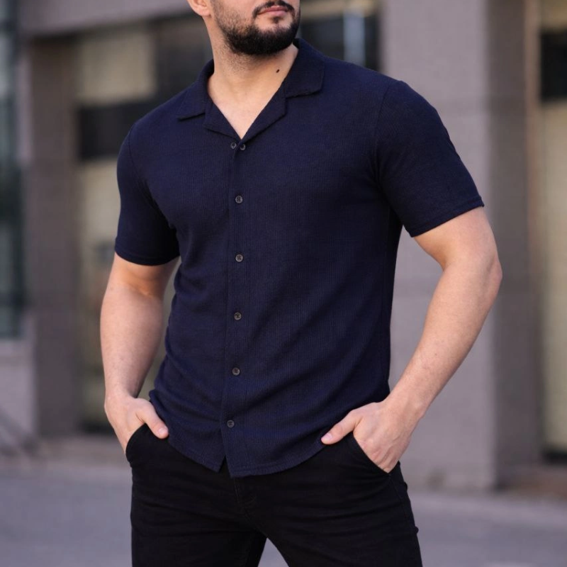 Erkek Waffle Kumaş Kısa Kollu Düğmeli Açık Yaka Regular Fit Gömlek - Lacivert