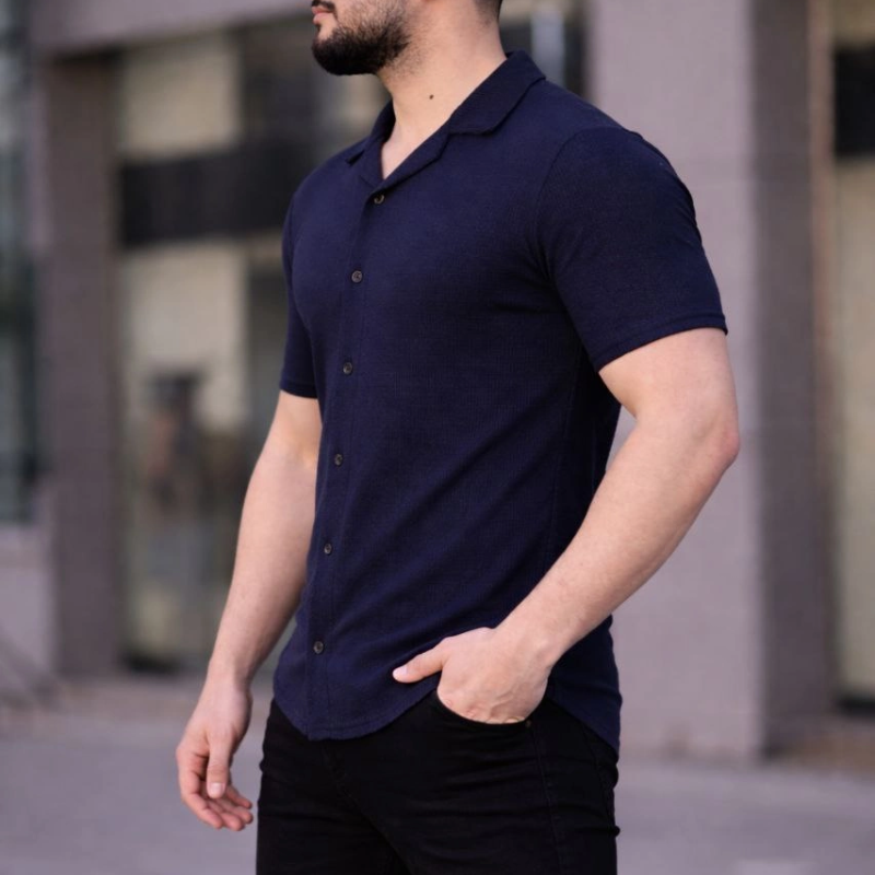 Erkek Waffle Kumaş Kısa Kollu Düğmeli Açık Yaka Regular Fit Gömlek - Lacivert